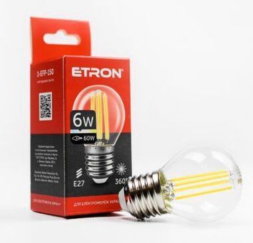Лампа LED G45 6W 4200K 220V E27 1-EFP-150 ETRON Filament Power прозоре скло 00-022114 фото