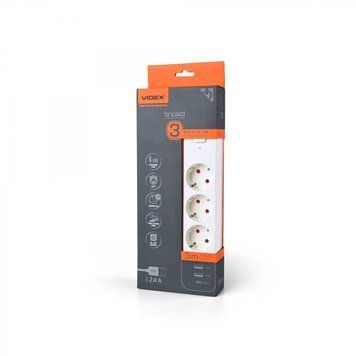Подовжувач VF-PD33G2U1C-W 3гн 3м з/з кнопка 2USB Type-C 2.4A білий 27693 VIDEX 00-023447 фото