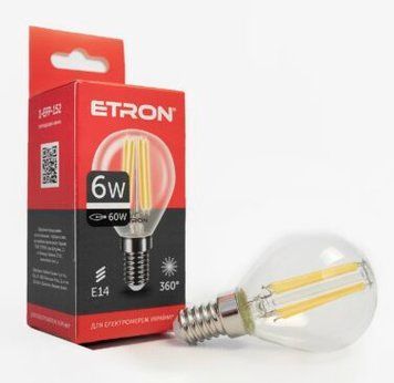 Лампа LED G45 6W 4200K 220V E14 1-EFP-152 ETRON Filament Power прозоре скло 00-022115 фото